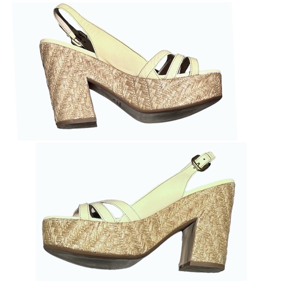 PRADA CREAM PATENT LEATHER WEDGE WOVEN RAFFIA PLATFORM SANDAL - Picture 3 of 16